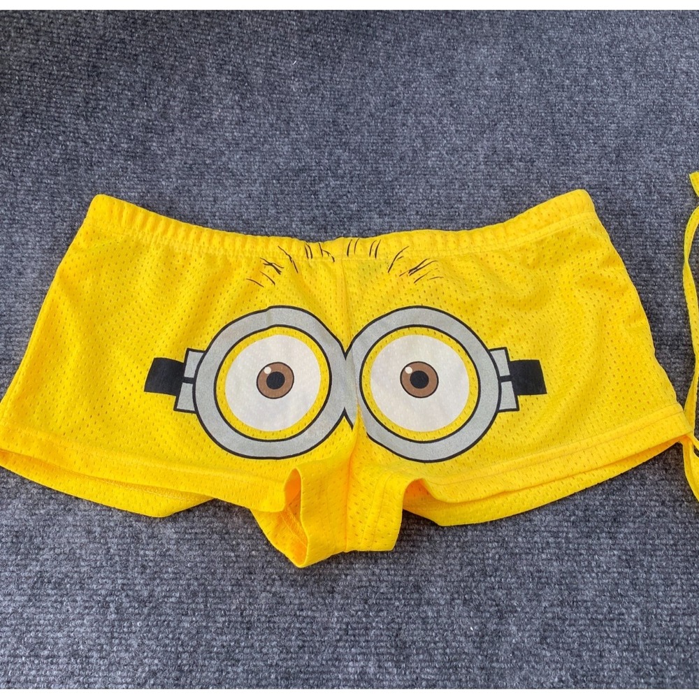 Miami Style Minion Graphic Mesh Booty Shorts Yellow Womens Large NWT 615